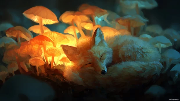 A stylized digital painting of a Fox curled up in a bed of glowing mushrooms, bioluminescent ambience, dreamy colors and soft focus.