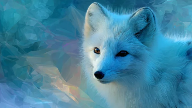 A stylized digital painting of an Arctic Fox with surreal fur patterns, icy abstract background and dreamy palette.