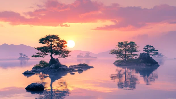 A sunset over the Japan inland sea where tiny islands dot the calm shimmering water.