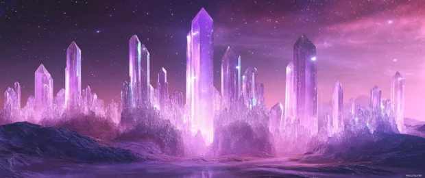 A surreal alien landscape with towering crystal spires bathed in cosmic light at 3440x1440 ultra wide.