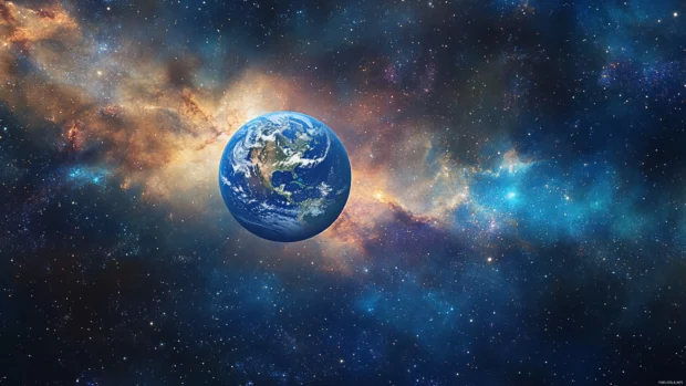 A surreal depiction of Earth floating in the galaxy surrounded by stars.