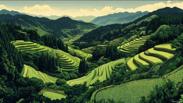 A sweeping landscape of Japans terraced rice fields glowing green under early summer sun.