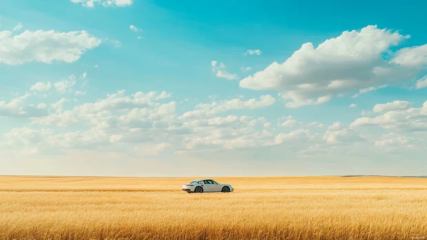A sweeping landscape shot with Porsche driving through golden wheat fields under a big open sky.