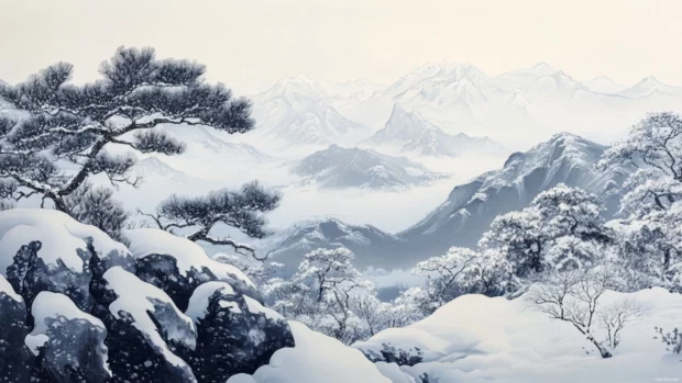 A sweeping view of the Japan Alps covered in snow under a pale winter sky.
