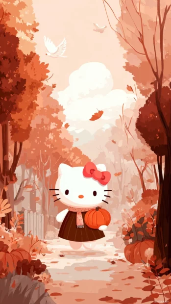 A sweet fall afternoon where Hello Kitty is holding a pumpkin while walking through colorful leaves.