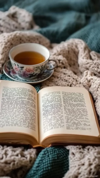 A tea cup and journal beside an open book for a warm book feeling.