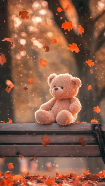A teddy bear sits on a wooden bench under falling autumn leaves in this charming teddy bear iPhone wallpaper.