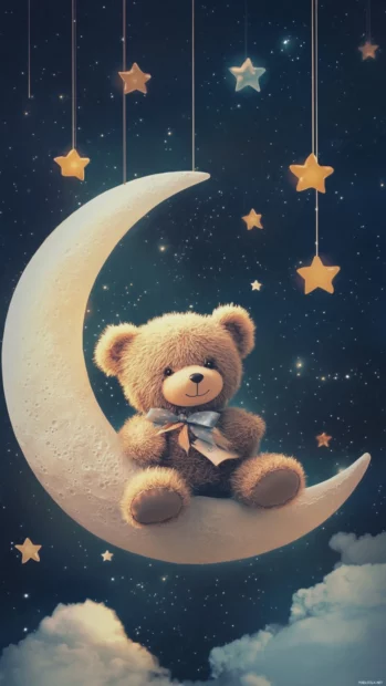 A teddy bear wallpaper featuring a fluffy bear sitting on a crescent moon surrounded by stars.