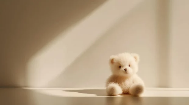 A teddy bear wallpaper featuring a fluffy teddy bear sitting alone on a white minimalist background with soft shadows.