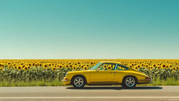 A timeless shot of a vintage Porsche driving past sunflower fields under a clear blue sky.
