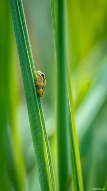 A tiny Frog climbing a tall green blade of grass, close up detail with vertical natural framing.