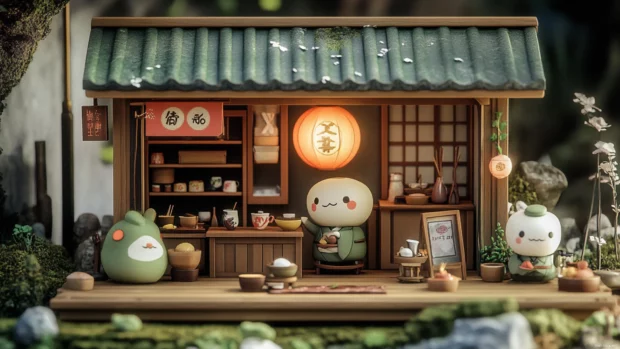 A tiny anime tea shop with cute characters enjoying matcha and mochi in the corner.