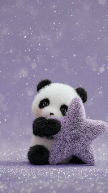 A tiny panda hugging a plush star against a background of Cute Lavender sparkles.