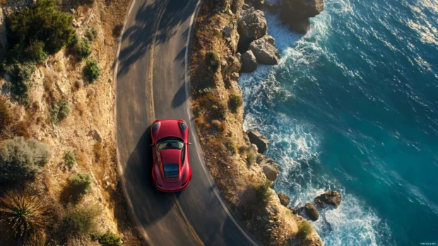 A top down aerial shot of Porsche slicing through a winding coastal road surrounded by cliffs and ocean.
