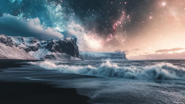 A towering glacier meets the sea as waves crash under a sky filled with bright constellations and distant suns.