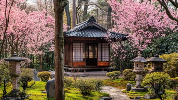 A traditional Japanese tea house surrounded by blooming cherry blossom trees and stone lanterns.