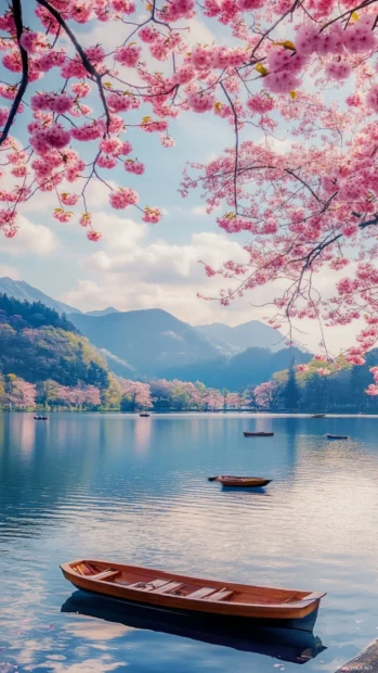 A tranquil Japan lakeside lined with cherry trees where small boats drift lazily in the water.