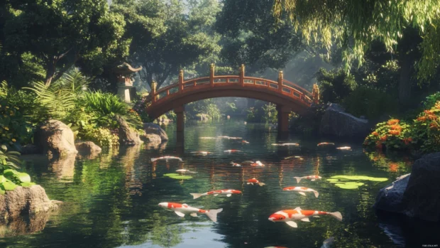 A tranquil Japanese garden with anime koi fish swimming in clear ponds and delicate bridges.
