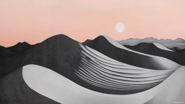 A tranquil desert scene with rippling sand dunes under a pink and orange sky.