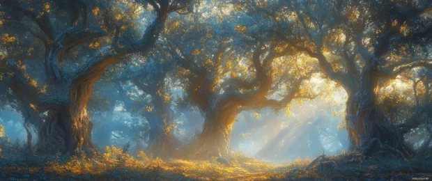 A tranquil forest captured in 3440x1440 ultra wide with sunlight filtering softly through ancient trees.
