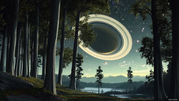 A tranquil forest glade bathed in moonlight where ancient trees seem to reach towards Saturns glowing rings overhead.