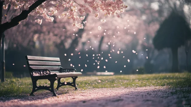 A tranquil park scene where Japanese cherry blossom petals fall slowly onto a wooden bench.