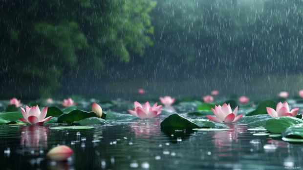 A tranquil pond filled with lotus flowers under a gentle rain.