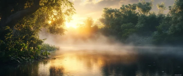 A tranquil riverside at dawn with mist rising over still waters presented in 3440x1440 ultra wide.