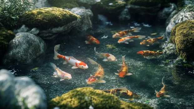 A tranquil scene of koi fish swimming lazily in a clear Japan pond surrounded by mossy stones.