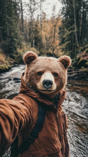 A trendy cool bear taking a selfie near a river.