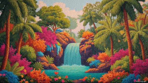 A tropical Waterfall surrounded by vibrant palm trees and colorful exotic flowers.