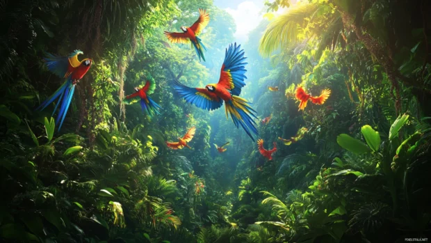 A tropical jungle scene with colorful parrots flying through dense trees.