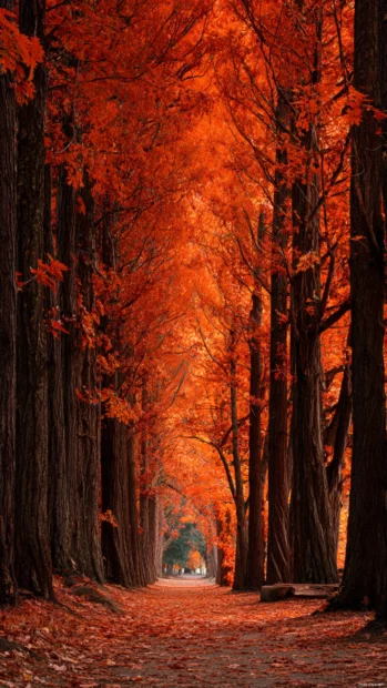 A tunnel of tall trees shedding vibrant Fall leaves, forming a magical seasonal walkway.