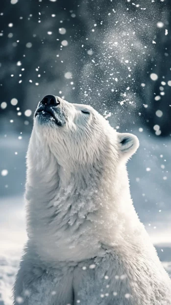 A vertical drift of snow swirling around a calm Polar Bear looking up.
