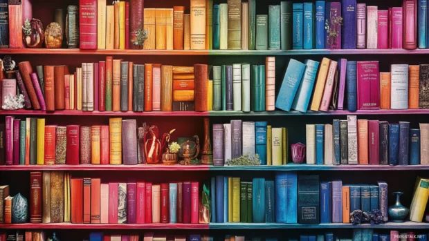 A vibrant and colorful bookshelf wallpaper displaying an array of books with varied hues and decorative items.