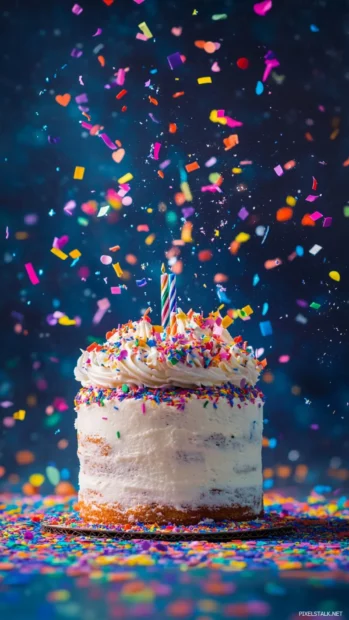 A vibrant birthday iPhone wallpaper with colorful confetti raining down on a birthday cake.