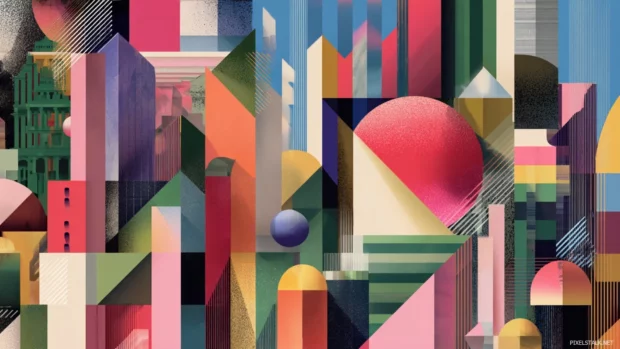 A vibrant explosion of layered Geometric forms in an abstract and artistic layout.