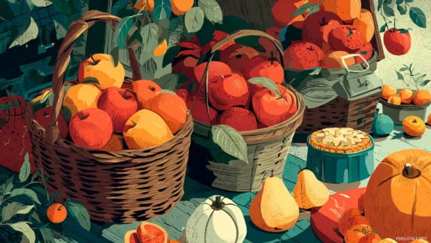 A vibrant fall harvest scene featuring baskets of apples, pumpkins, and Thanksgiving pies.