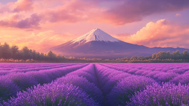 A vibrant field of lavender stretching toward Mount Fuji under a softly glowing summer sky.