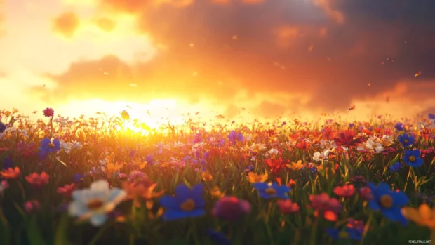 A vibrant field of wildflowers blooming under a golden sunset sky.