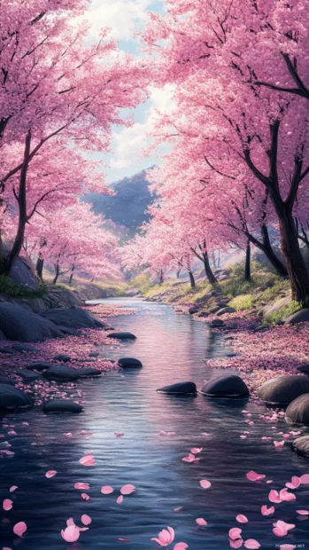 A vibrant spring scene where Japans cherry trees arch over a gentle stream filled with petals.