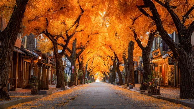 A vibrant street lined with towering fall trees, their canopies forming a glowing autumn tunnel.