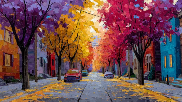 A vibrant street scene covered in fall colors with trees shedding leaves in rich tones of amber, rust, and crimson.