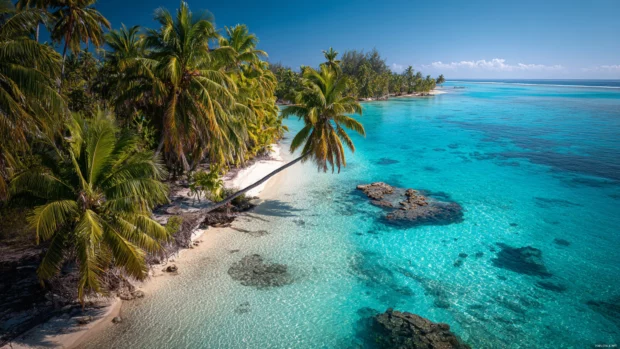 A vibrant tropical beach with lush Palm trees and crystal clear turquoise water.