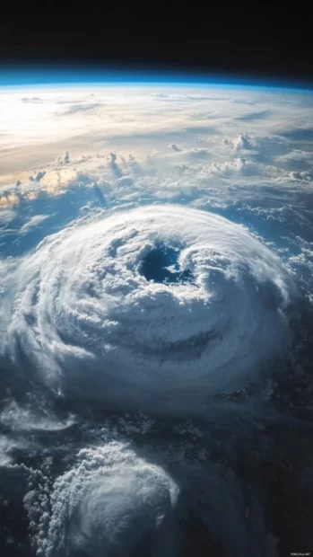 A view of Earth layered with swirling clouds and storm visuals.