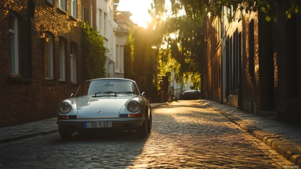 A vintage Porsche parked under soft golden sunlight on a cobblestone street lined with old brick buildings.