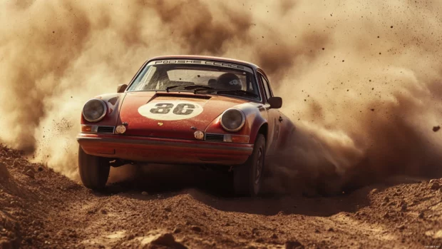 A vintage Porsche rally car captured mid race kicking up dirt and dust with dramatic flair.