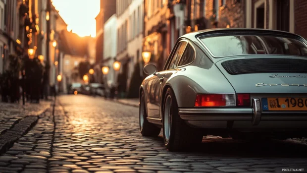 A vintage Porsche under soft golden light in a retro European town, classic car wallpaper.