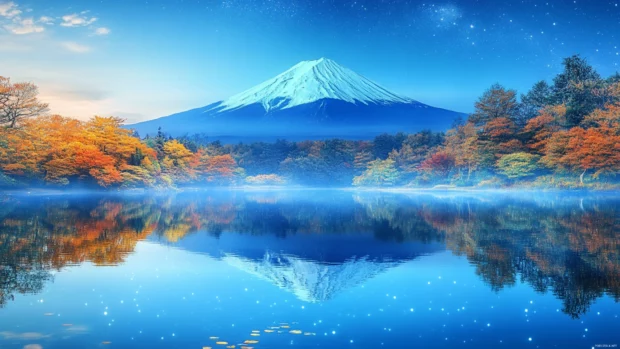 A vivid Mount Fuji wallpaper with crystal clear lake waters reflecting the majestic mountain under starry night.