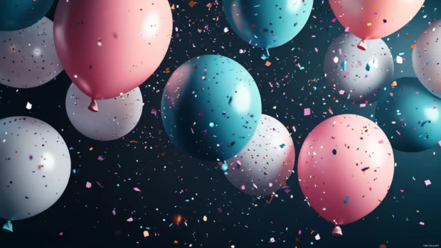 A vivid birthday balloon wallpaper showcasing high definition balloons and flying confetti.